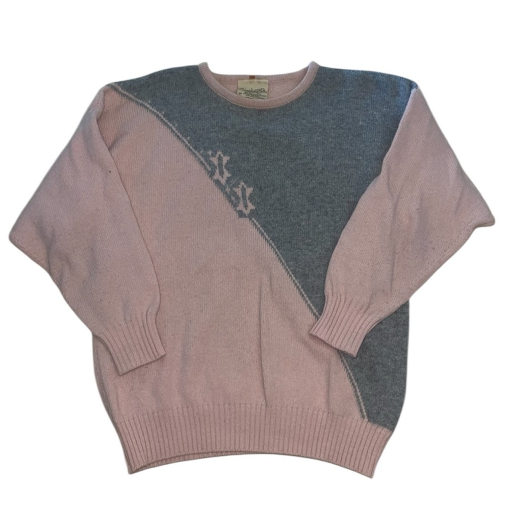 VINTAGE PINK AND GREY LAMBSWOOL ANGORA LONG SLEEVE SWEATER